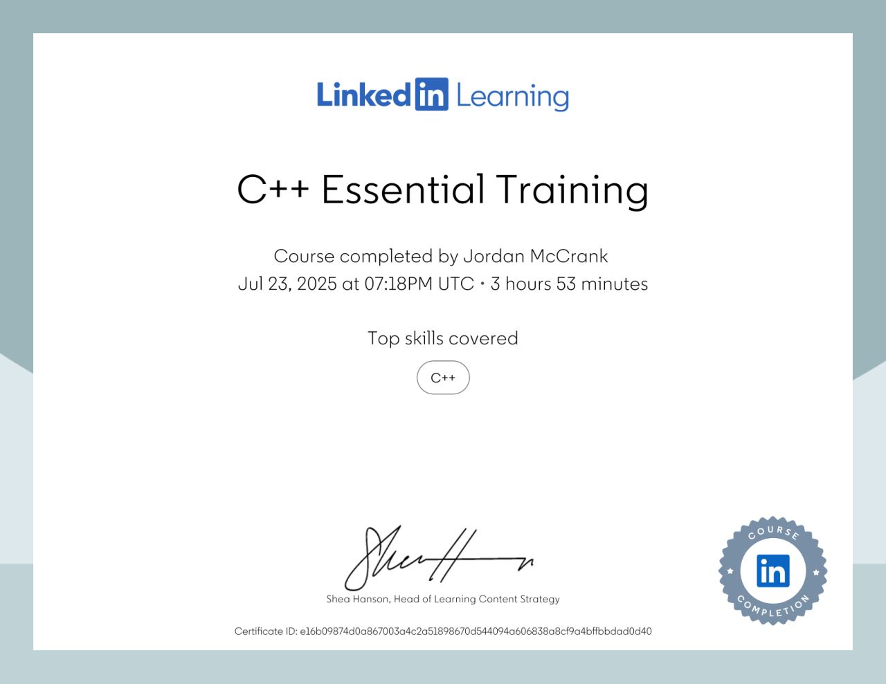 C++ Essential Training Certificate