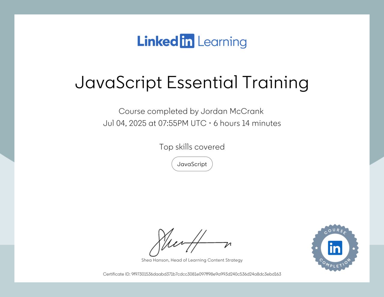 JavaScript Essential Training Certificate