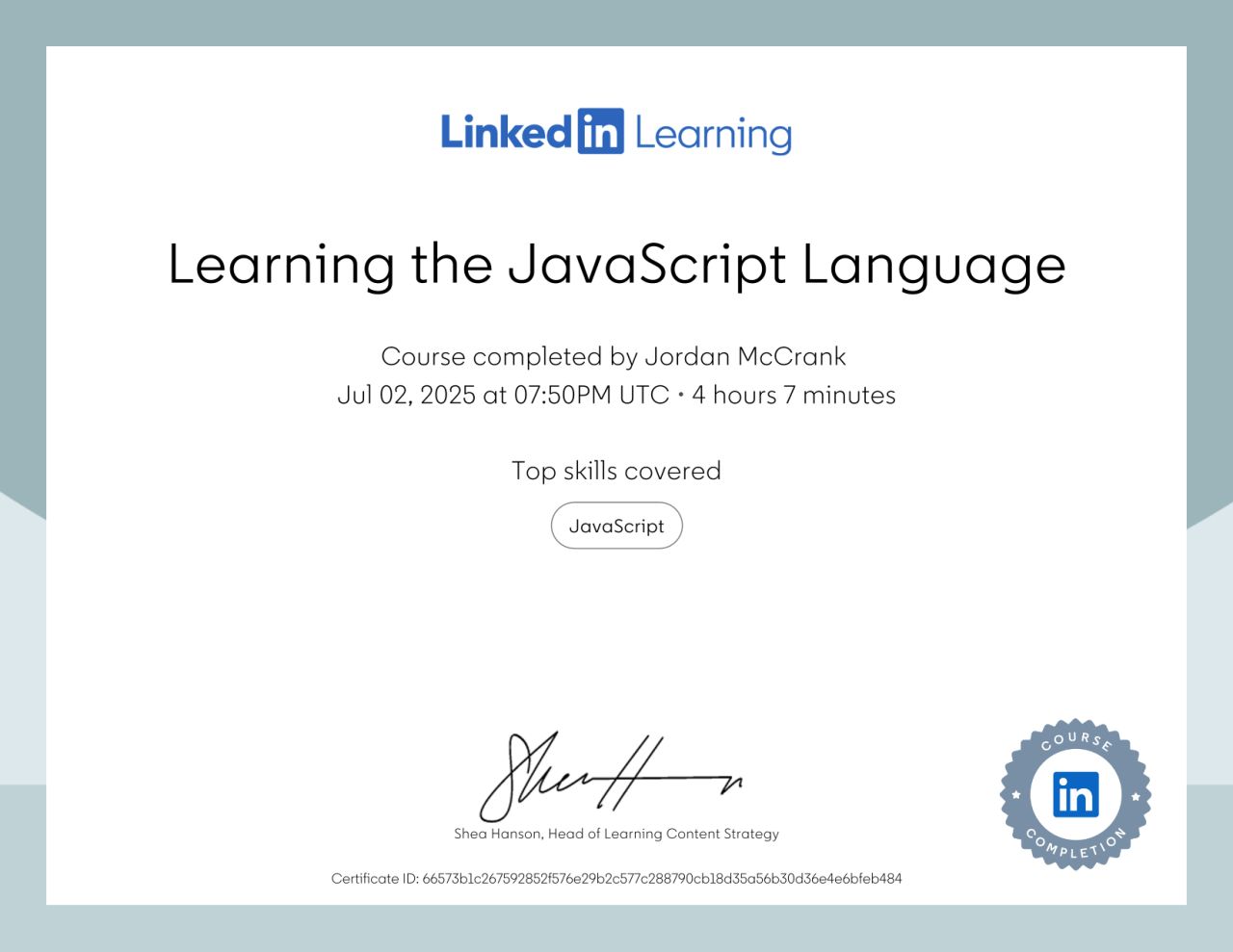 Learning JavaScript Language Certificate