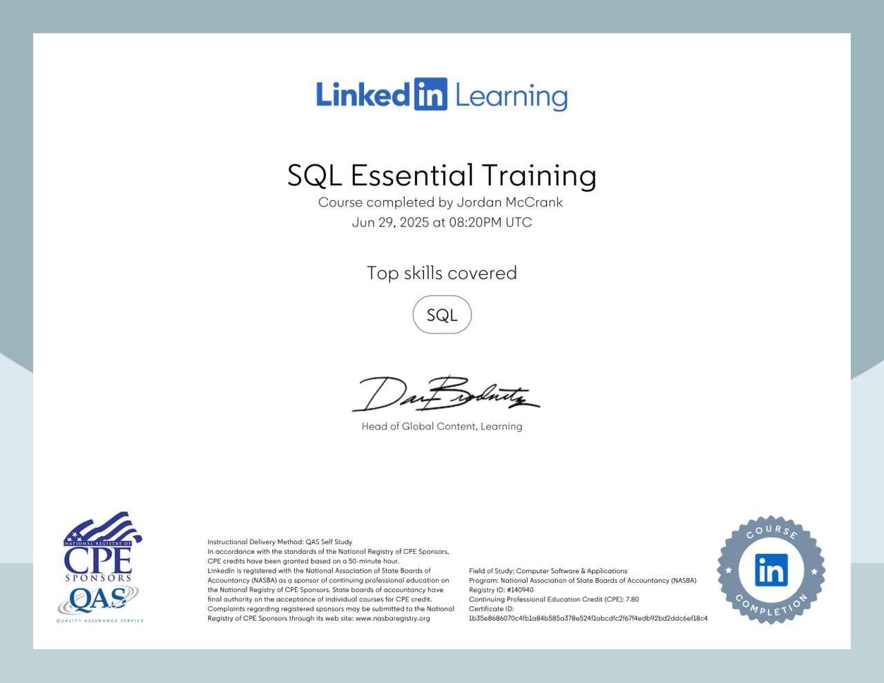 SQL Essential Training Certificate